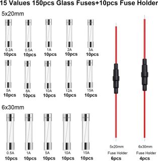 No. 9 - weideer 10pcs 5x20mm/6x30mm 18 AWG Inline Screw Type Fuse Holder + 15 Values 150 pcs Fast Blow Glass Fuses - 2