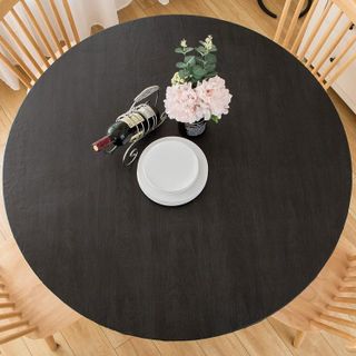 No. 10 - LIBERECOO Round Vinyl Fitted Tablecloth with Flannel Backing Elastic Edge Plastic Table Cover - Black Wood - 1