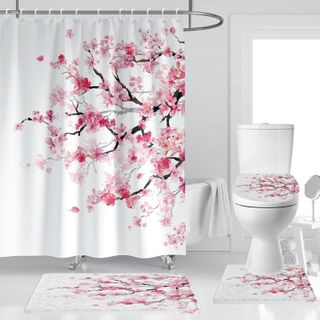 No. 4 - Kikiry Pink Cherry Blossom Shower Curtain Set - 1