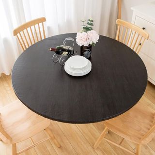 No. 10 - LIBERECOO Round Vinyl Fitted Tablecloth with Flannel Backing Elastic Edge Plastic Table Cover - Black Wood - 4