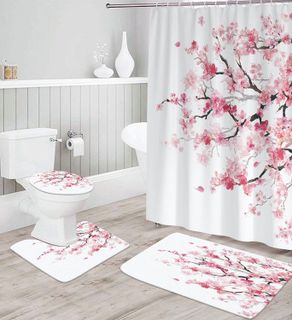 No. 4 - Kikiry Pink Cherry Blossom Shower Curtain Set - 2