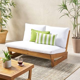 No. 3 - Great Deal Furniture Kaitlyn Outdoor Acacia Wood Loveseat with Cushions - 2