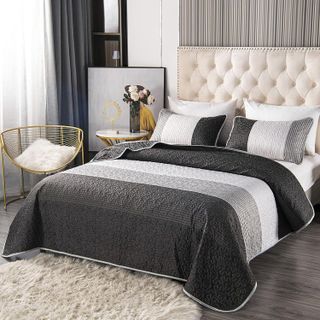 No. 10 - PERFEMET Gray Striped Patchwork Quilted Bedspread Set - 1