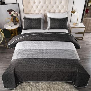 No. 10 - PERFEMET Gray Striped Patchwork Quilted Bedspread Set - 2