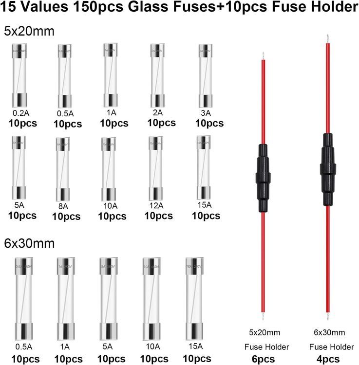 No. 9 - weideer 10pcs 5x20mm/6x30mm 18 AWG Inline Screw Type Fuse Holder + 15 Values 150 pcs Fast Blow Glass Fuses - 2