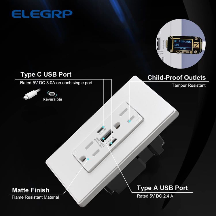 No. 6 - ELEGRP 30W 6.0 Amp 3-Port USB Wall Outlet - 2