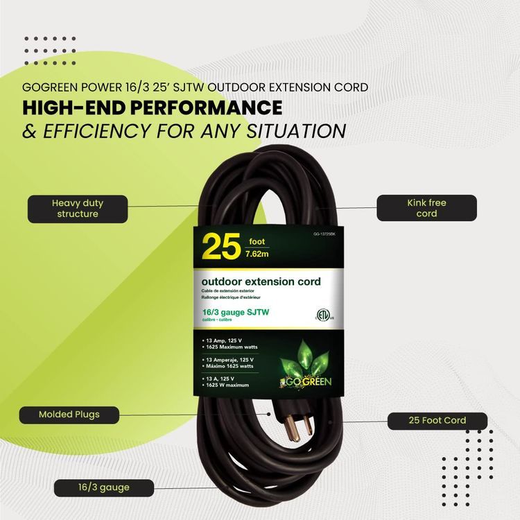 No. 8 - Go Green Power Inc. GG-13725BK 16/3 Heavy Duty Extension Cord - 3