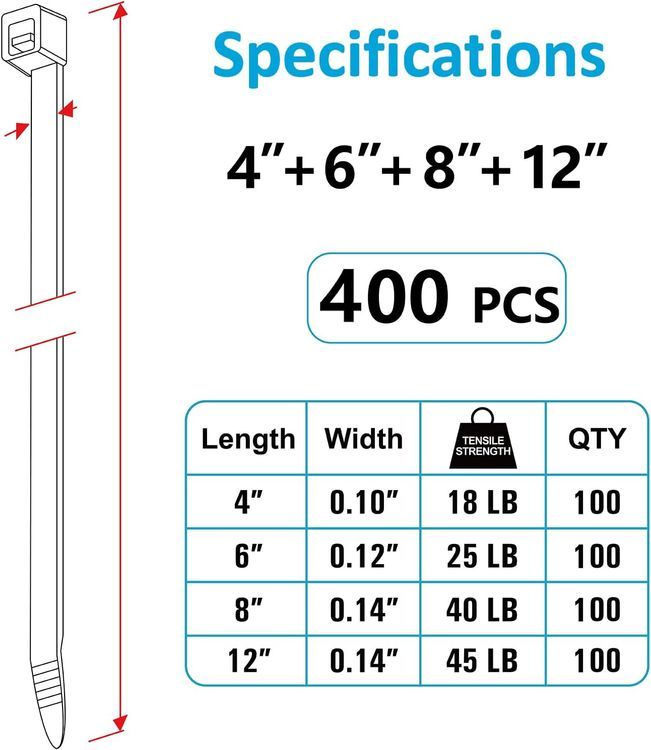 No. 7 - Zip Ties Assorted Sizes(4”+6”+8”+12”), 400 Pack - 2