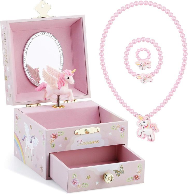 No. 5 - RR ROUND RICH DESIGN Kids Musical Jewelry Box for Girls with Drawer and Jewelry Set with Mysterious Unicorn - 1