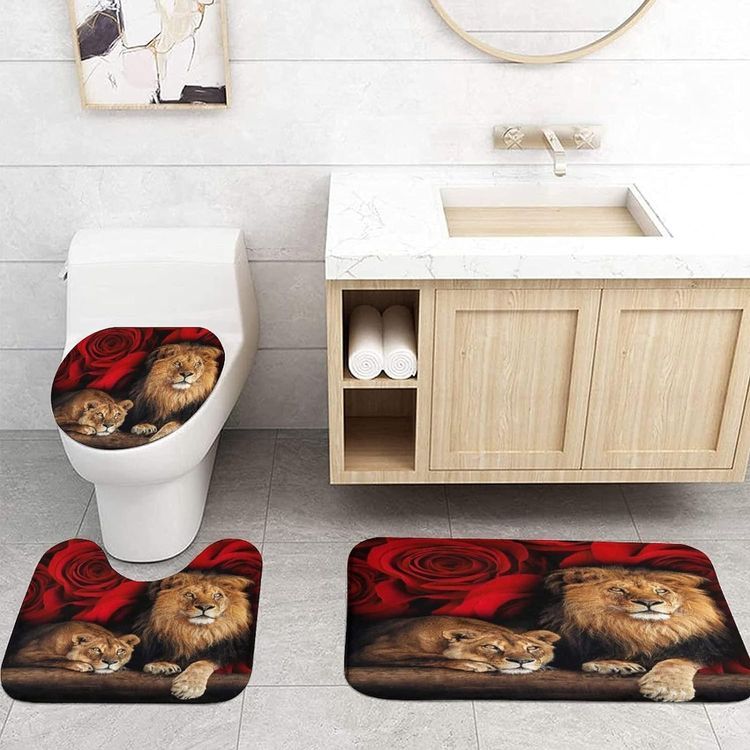 No. 6 - jieprom 4PCS Red Rose and Lion Shower Curtain Set with Non-Slip Rugs - 3
