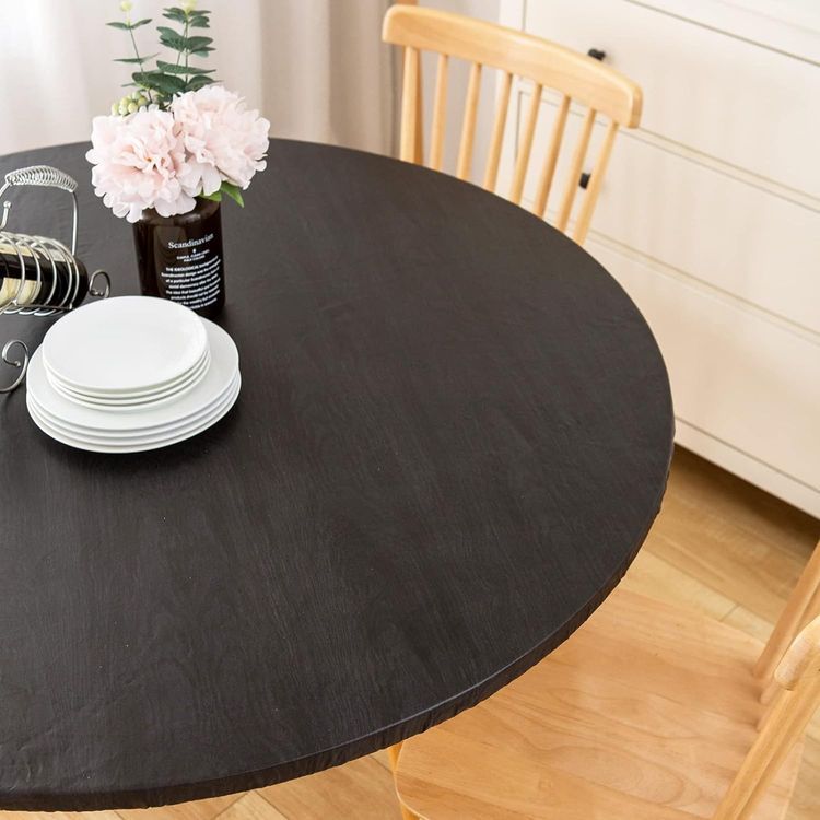 No. 10 - LIBERECOO Round Vinyl Fitted Tablecloth with Flannel Backing Elastic Edge Plastic Table Cover - Black Wood - 3