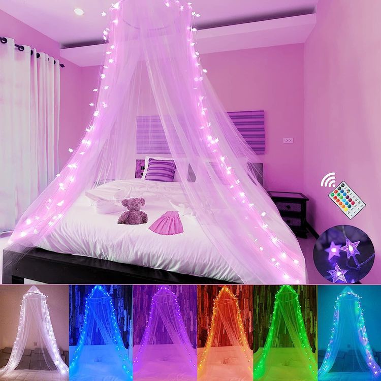 No. 7 - Obrecis Bed Canopy with LED Star Lights, Princess Canopy Bed Curtain - 1