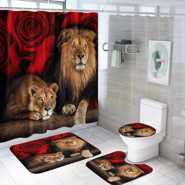 No. 6 - jieprom 4PCS Red Rose and Lion Shower Curtain Set with Non-Slip Rugs - 2