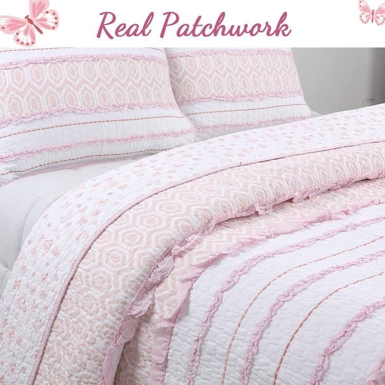 No. 5 - Cozy Line Home Fashions Pretty in Pink Girly Ruffle Stripped 100% Cotton Reversible Quilt Bedding Set - 2