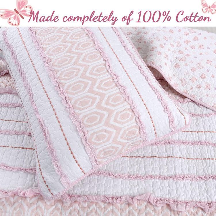 No. 5 - Cozy Line Home Fashions Pretty in Pink Girly Ruffle Stripped 100% Cotton Reversible Quilt Bedding Set - 5