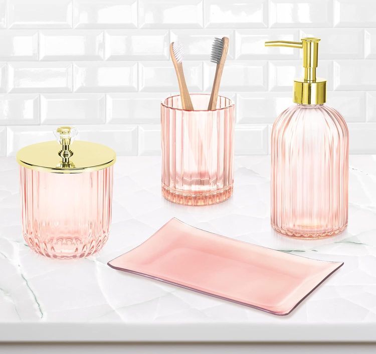 No. 9 - Glass Pink Bathroom Accessories Set - 5