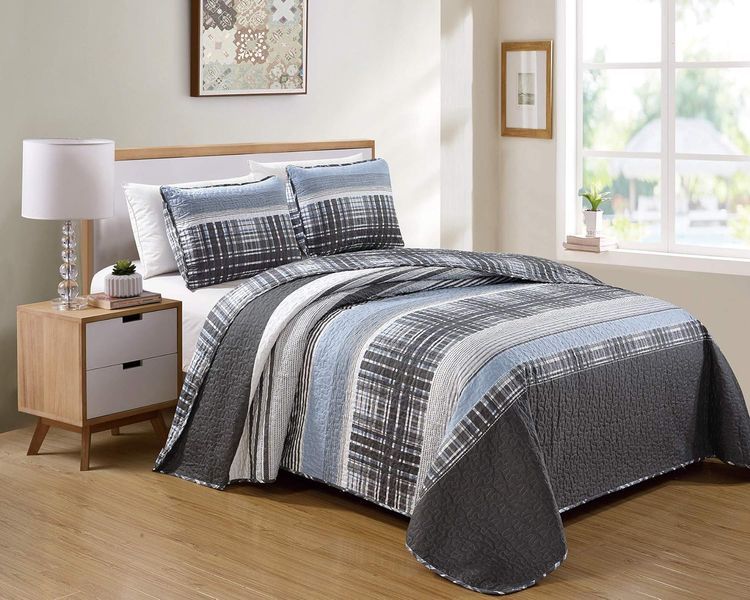 No. 4 - Kids Zone Home Linen Charcoal White Light Grey Stripe Plaid Bedspread - 1