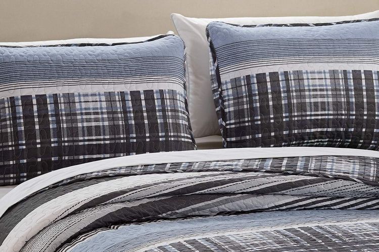 No. 4 - Kids Zone Home Linen Charcoal White Light Grey Stripe Plaid Bedspread - 2