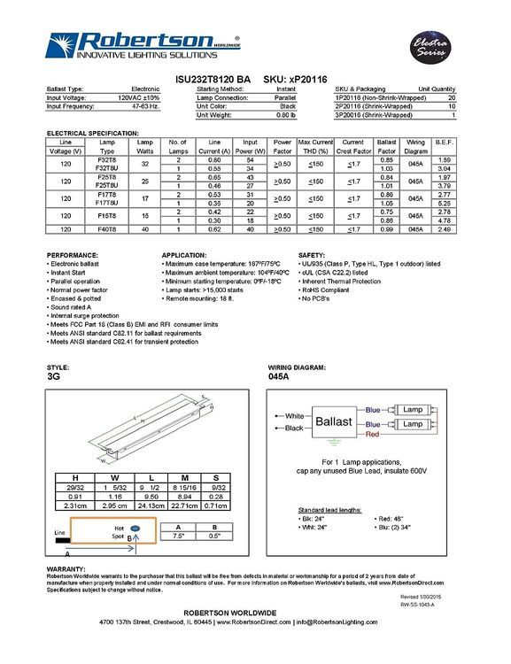 No. 1 - Robertson 3P20116 ISU232T8120 Fluorescent Electronic Linear T8 Instant Start Ballast - 4