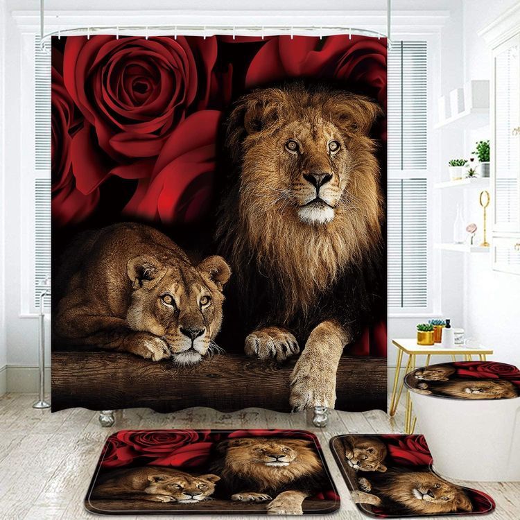 No. 6 - jieprom 4PCS Red Rose and Lion Shower Curtain Set with Non-Slip Rugs - 1