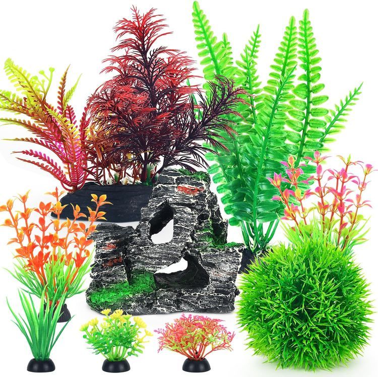 No. 10 - Borlech Aquarium Rock Decorations and Fish Tank Plastic Plants Decor Set - 1