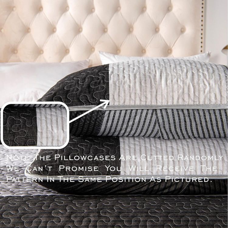 No. 10 - PERFEMET Gray Striped Patchwork Quilted Bedspread Set - 5